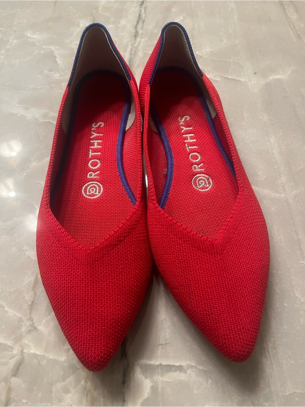 Rothy's Red Pointed Knit Flats with Navy Trim